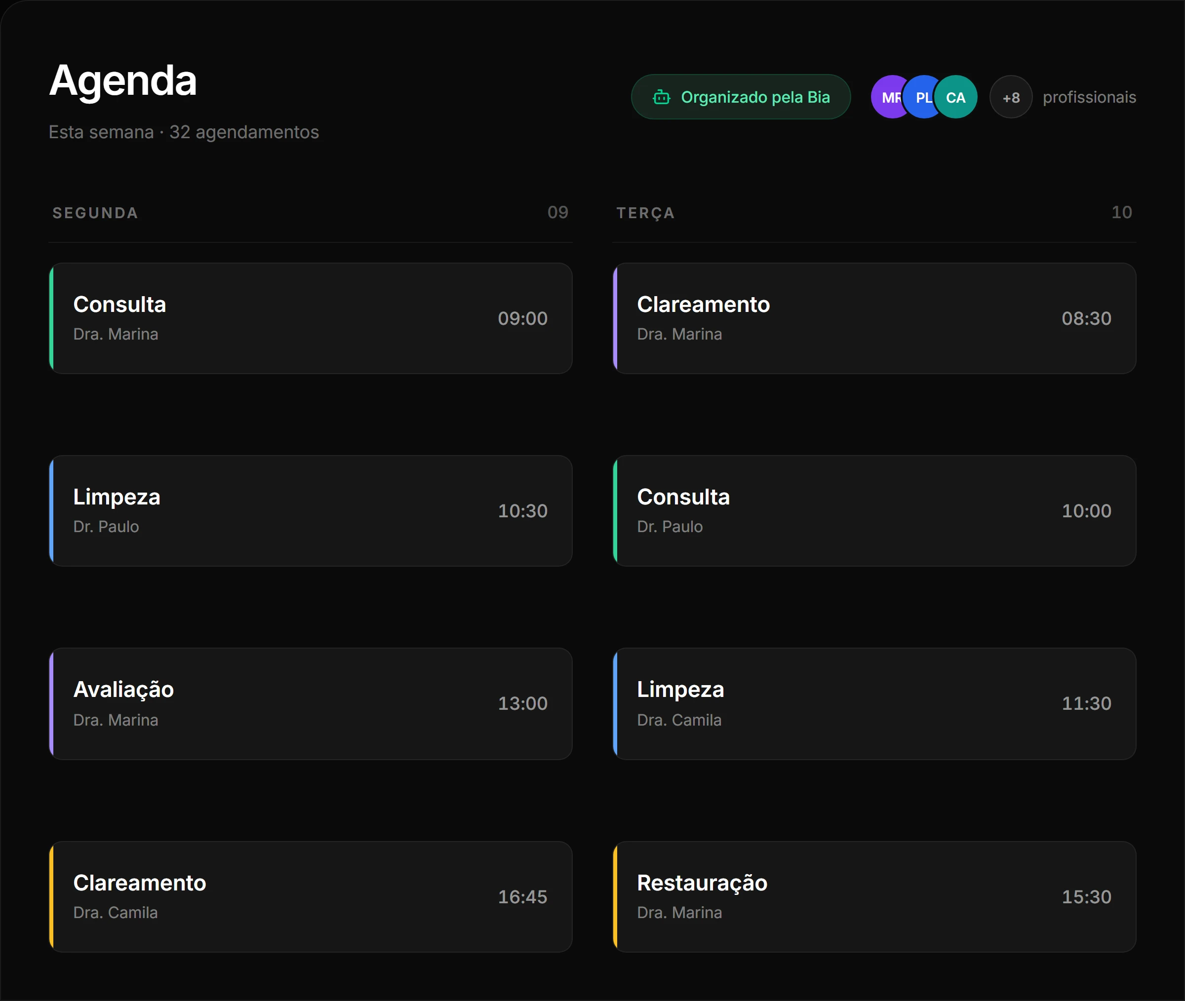Painel de agenda da Oryen com consultas distribuídas pela semana