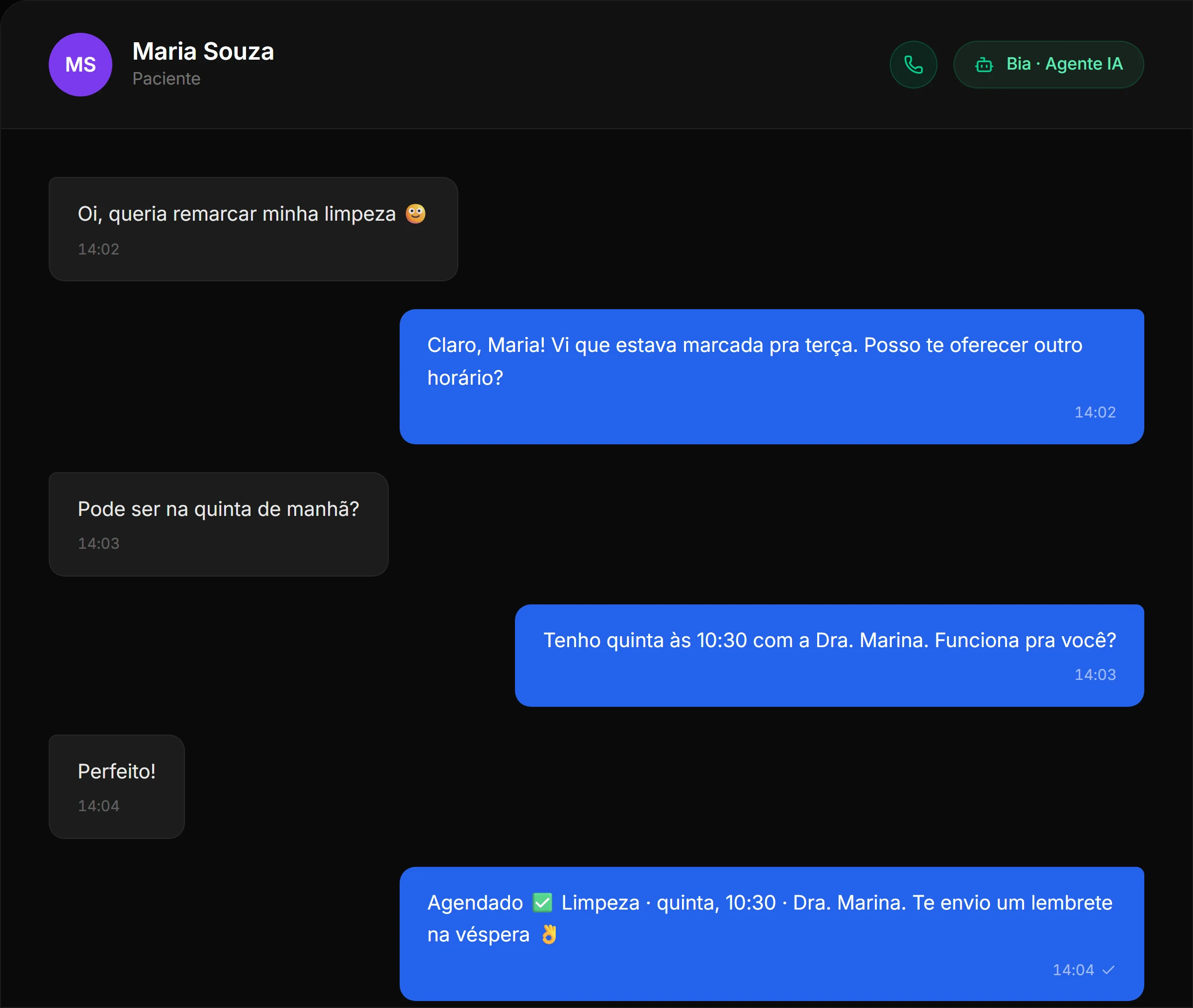 Conversa no WhatsApp entre paciente e a IA da Oryen agendando uma consulta